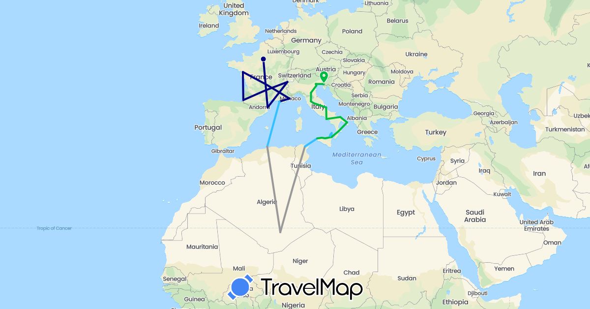 TravelMap itinerary: driving, bus, plane, boat in Algeria, France, Italy, Tunisia (Africa, Europe)